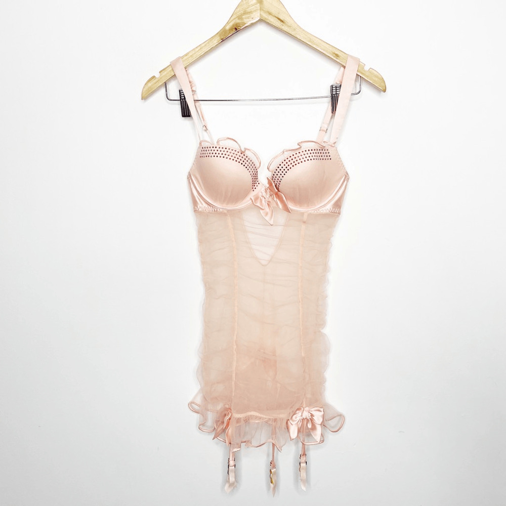 y2k 00s Victoria's Secret Garter Mesh Dress baby pink underwired womens 34B - Picture 2 of 8